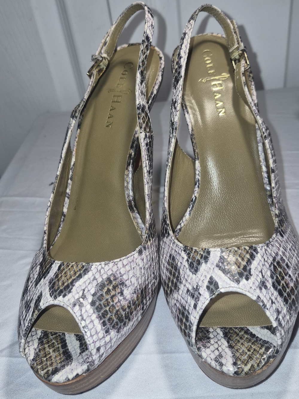 Cole Haan Beige and Black Snake-Print Peep-Toe Slingback Wedges